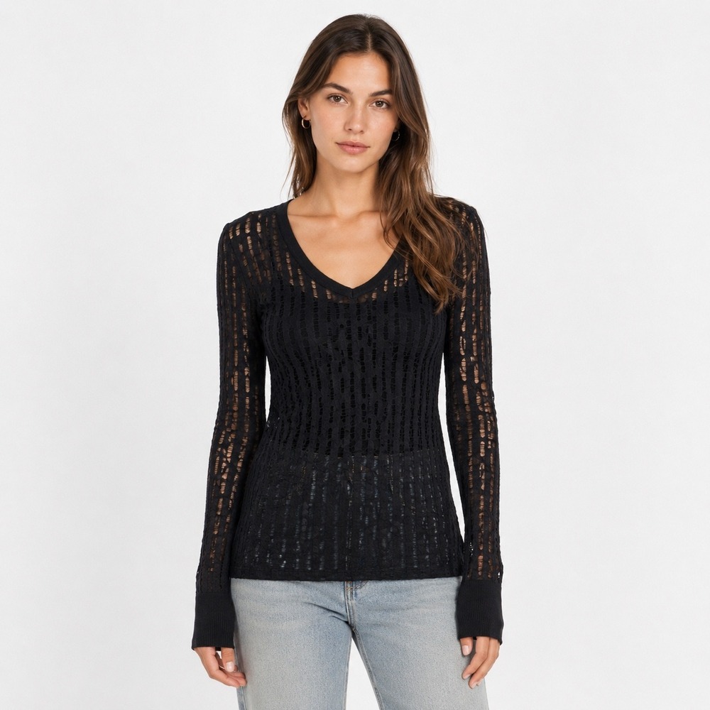 BKE Long Sleeve Top XL Black V-Neck Open Knit Distressed Textured Goth Punk